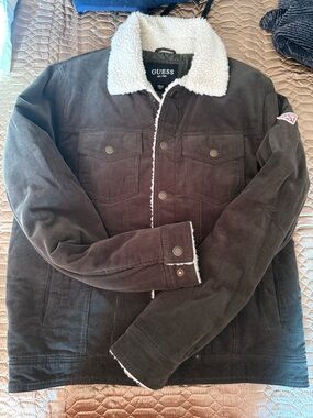 GUESS Brown Corduroy Sherpa-Lined Jacket with White Collar